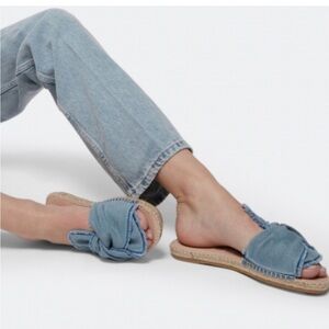 Manebi Denim Jute Slip-On Flat Sandals with Mini Fringe Size 39 US 9 Blue/Tan